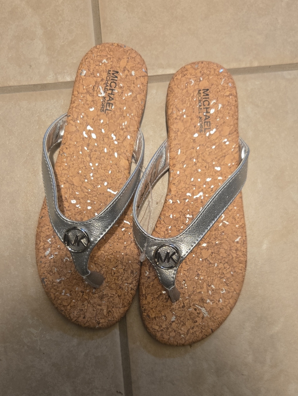 MICHAEL Michael Kors Silver Metallic Cork-Effect Thong Sandals